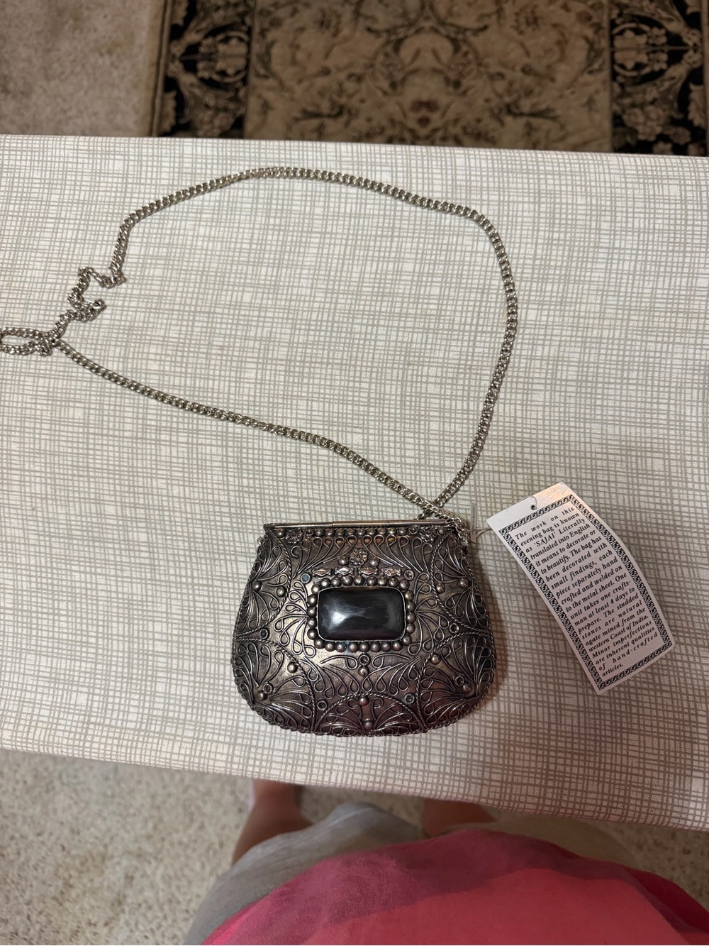Silver Filigree Crossbody Bag with Black Accent